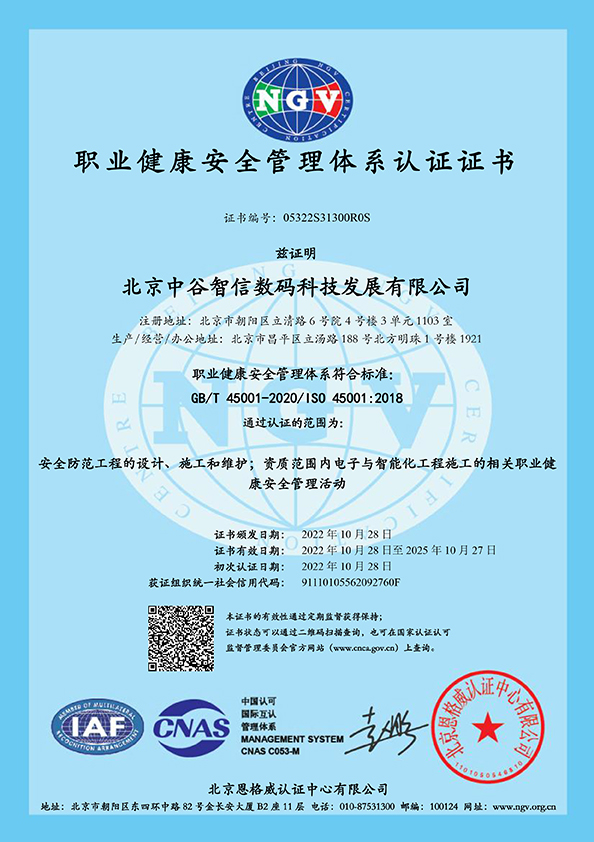 中谷智信职业健康安全管理体系认证证书